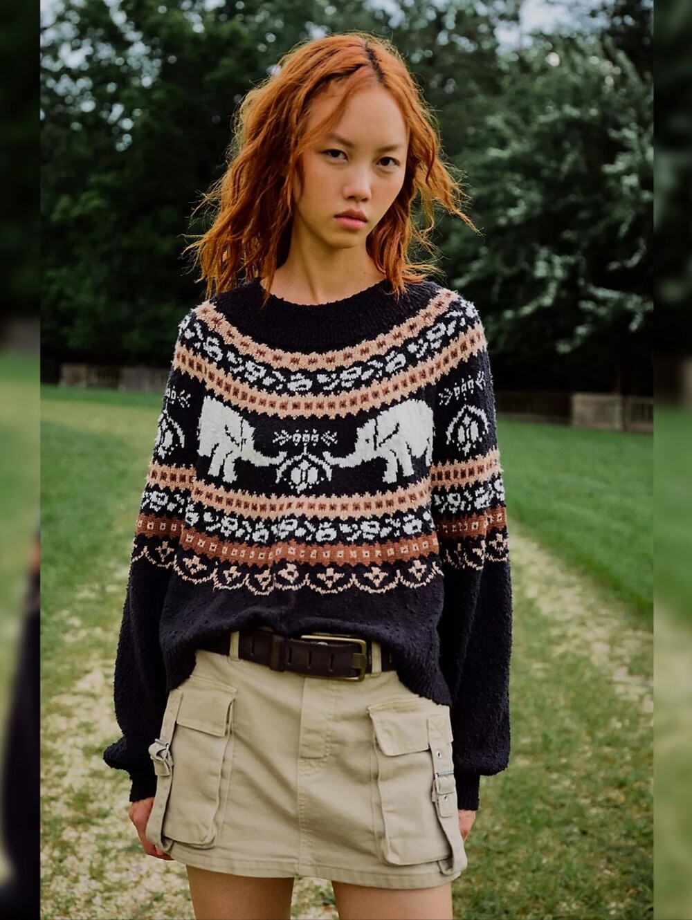 Free People Nellie Sweater Elephant Print Black, Tan, And White Women's